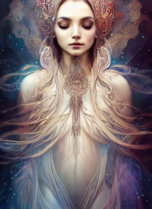 Image similar to a photographic portrait of a esoteric goddess created out of starlight and mist, cinematic, volumetric lighting, beautiful fantasy, intricate, elegant, highly detailed, digital painting, artstation, concept art, smooth, sharp focus, illustration, art by ayami kojima, artgerm and h r giger and alphonse mucha