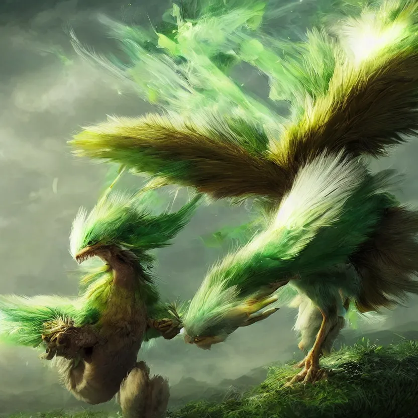 Image similar to a cute beautiful earth type pokemon, green feathers bursting out of his hair, full body shot, highly detailed digital art, 3 d perspective, award - winning illustration, aesthetic, smooth, pokemon style, made by greg rutkowski, with an alien landscape in the background