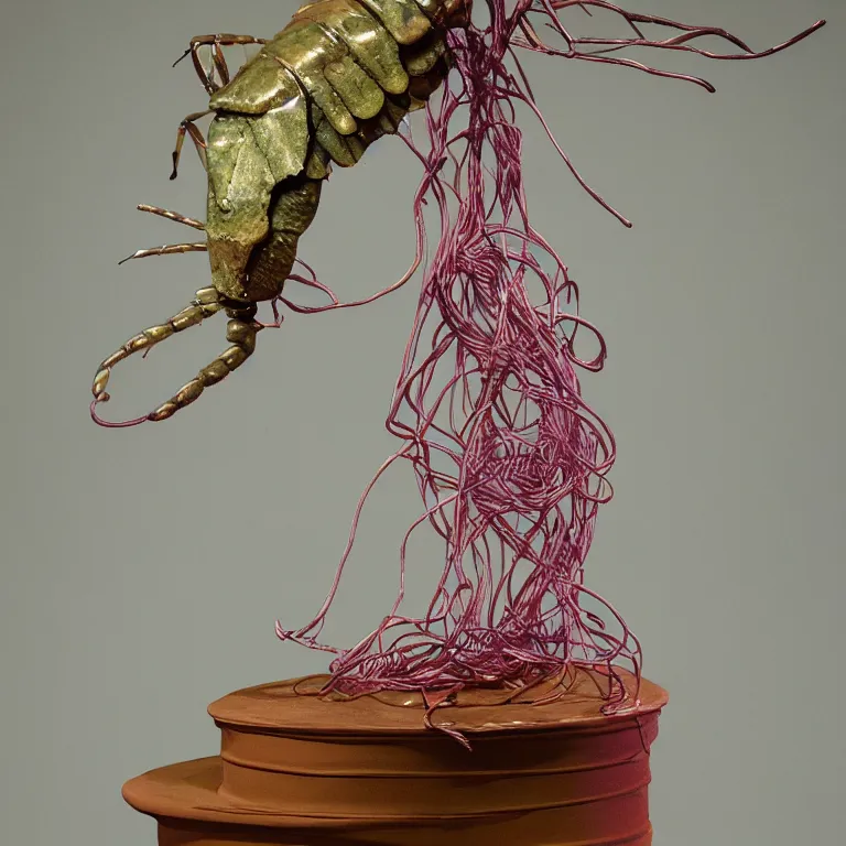 Prompt: hyperrealistic sculpture of a bronze fossilized luna moth crab in a large cage made of magenta nylon wire and beeswax on a pedestal by ron mueck and duane hanson and lee bontecou, hyperrealistic dramatic colored lighting trending on artstation 8 k