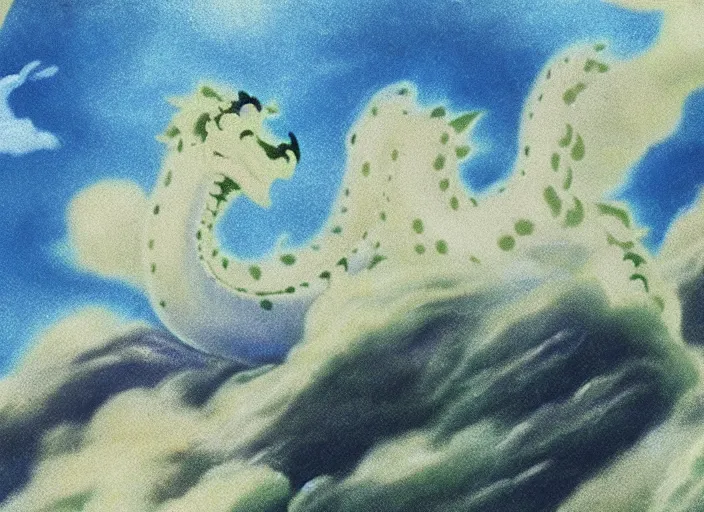 Prompt: a bumpy speckled matte painting pleasing - palette roaring dragon, close - up, pleasing palette, made out of idyllic nebulous clouds sophisticated detailed pastel dragon from scenery fantasia ( 1 9 4 1 )