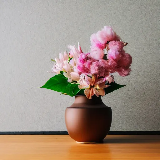 Prompt: a photo of 8k Ikebana in flower vase, ikenobo, ohararyu, sougetsu, wide angle, sony a7r3, ultra detail, photorealistic, in simple background