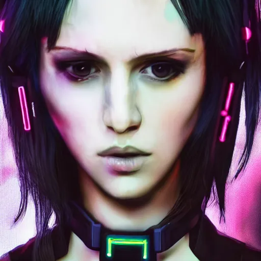 Image similar to detailed realistic cyberpunk female character cyberpunk wearing large steel collar around neck, realistic, art, beautiful, 4K, collar, choker, collar around neck, punk, artstation, detailed, female, woman, choker, cyberpunk, neon, punk, collar, choker, collar around neck, thick collar, choker around neck, wearing choker, wearing collar, bright neon punk hair,