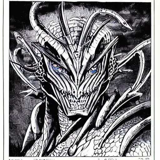Image similar to head and shoulders portrait of a medieval d & d fantasy anthropomorphic blue dragon - headed sorcerer, comic book cover art by hr giger and frank miller