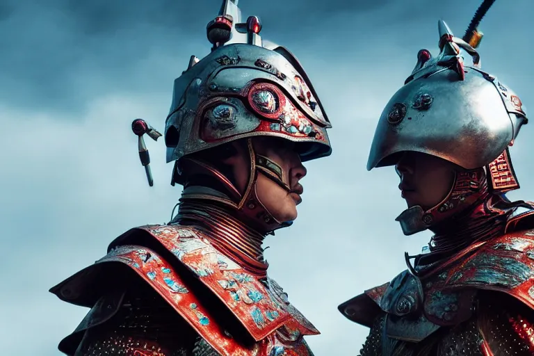 Prompt: vfx film closeup, futuristic mongolian warriors, robot stand - off, flat color profile low - key lighting award winning photography arri alexa cinematography, hyper real photorealistic cinematic, atmospheric cool colorgrade