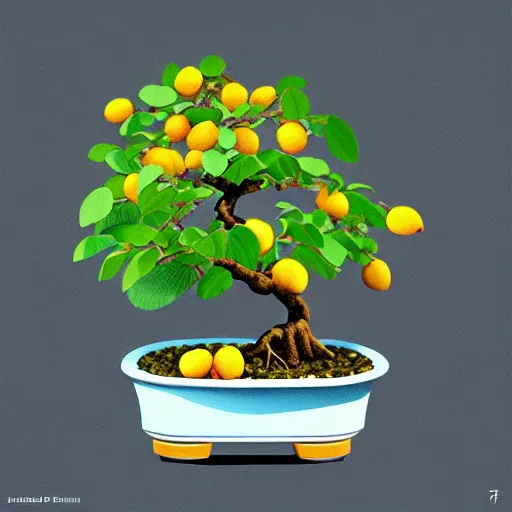 Image similar to bonsai fruit tree with lemons!! but minimalistic concept art by frank stella gilleard james whalen tom, colorful, soft light, trending on artstation, minimalism