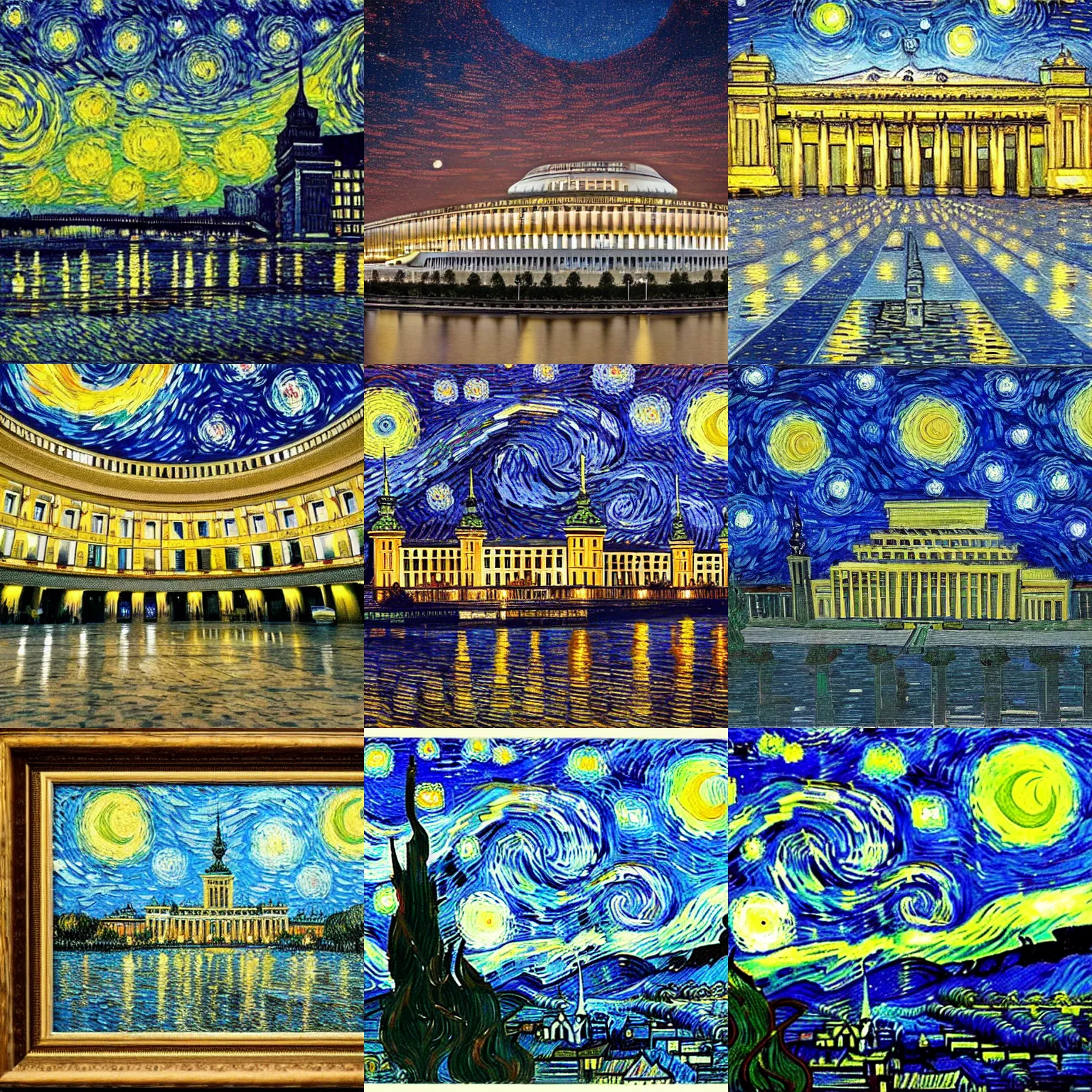 Prompt: warsaw's palace of culture and science in style of van gogh's starry night