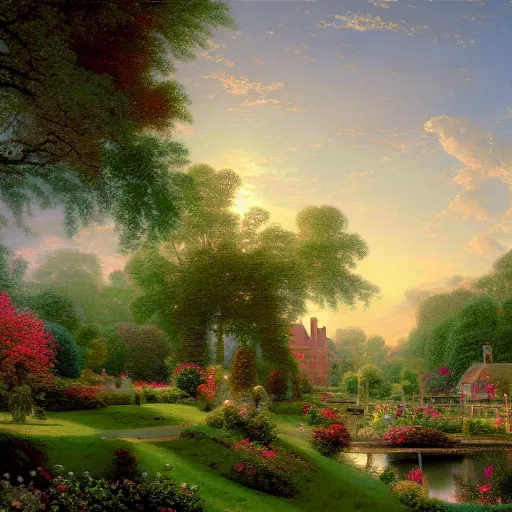 Prompt: photorealistic beautiful painting of a garden town by jean - honore fragonard in the style of thomas kinkade and tim white. hyperdetailed photorealism, 1 0 8 megapixels, volumetric lighting