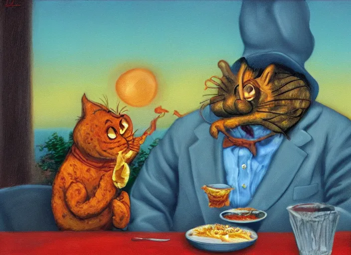 Image similar to surrealist impressionist painting of garfield eating lasagna at dusk, in the style of michael whelan and wayne barlowe