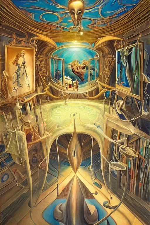 Image similar to surrealist painting full of subtle hints, mystic characters and misleading perspectives, ultrastation hq, 8 l, hyperrealistic, very highly detailed