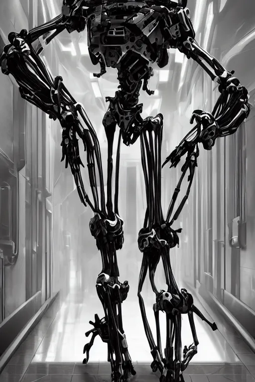 Image similar to skeletal black mecha walking down white marble hallway, Skeletal face android face one eye. mecha (carbon fiber) long limbs black panels reflective. Skeletal face android face one eye ((glowing_red_eye)) exposed wiring cable wire harness RTX On UE5 Artstation Bladerunner_2049_scene!!!!!! Cyberpunk 2077 bladerunner2049!!! bladerunner!!!