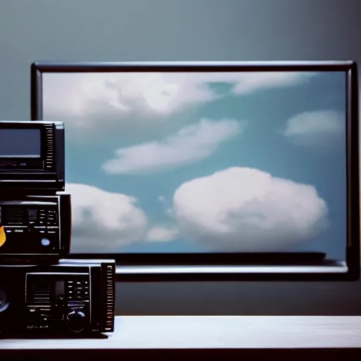 Image similar to a professional studio photograph of a 90s television and VHS combo playing a video (((((((((((((((of clouds))))))))))))))), key light, 50mm, shallow depth of field, no artefacts