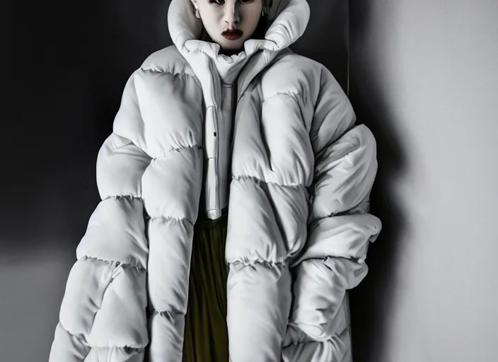 Image similar to well lit fashion shoot portrait of extremely beautiful female marble statue wearing huge over size puffer jacket by dingyun zhang, yeezy, balenciaga, vetements, a cold wall, sharp focus, clear, detailed,, cinematic, detailed, off white, glamourous, symmetrical, vogue, editorial, fashion, magazine shoot, glossy