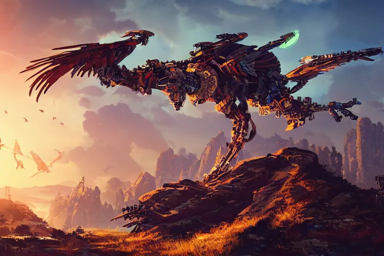 Image similar to glinthawk machine mecanical creature robot of horizon forbidden west horizon zero dawn radiating a glowing aura global illumination ray tracing hdr fanart arstation by ian pesty and alena aenami artworks in 4 k