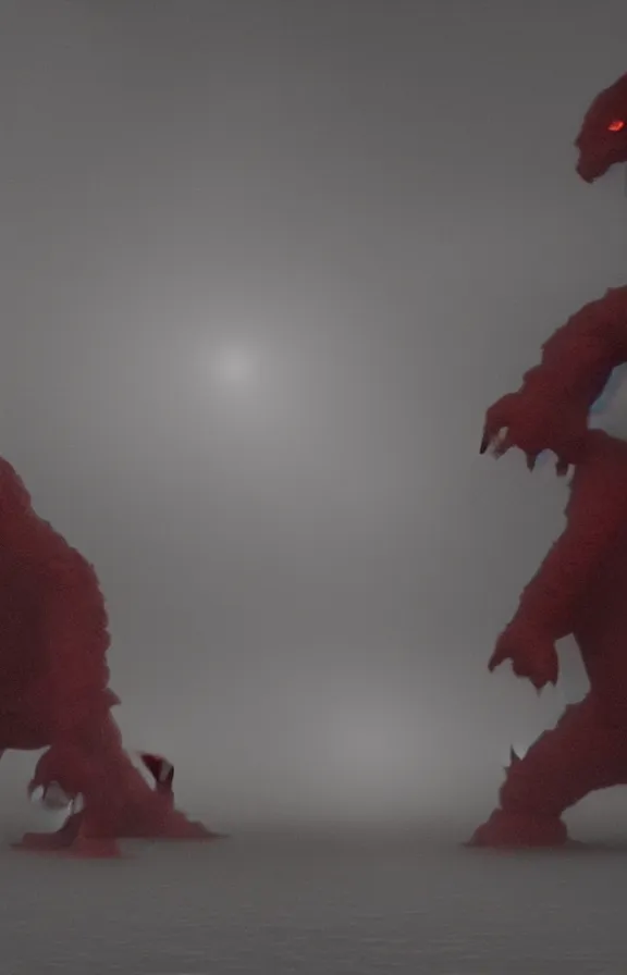 Image similar to very low - resolution found footage of a kaiju monster, fog, foggy, video compression, red hue, thriller, underdeveloped, flare, epic, dramatic