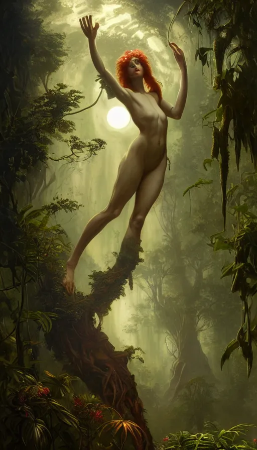 Image similar to hyper realistic alien, lush plants, full moon, light rays, gnarly trees by tom bagshaw, mucha, gaston bussiere, craig mullins, j. c. leyendecker 8 k