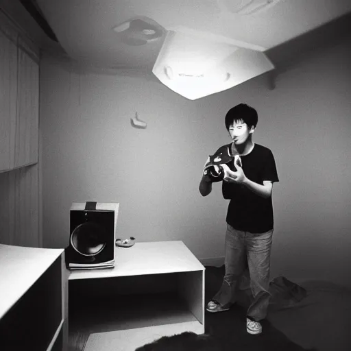 Prompt: hyperralism photography of detailed kim chen playing xbox in basement bedroom by araki hobuyoshi