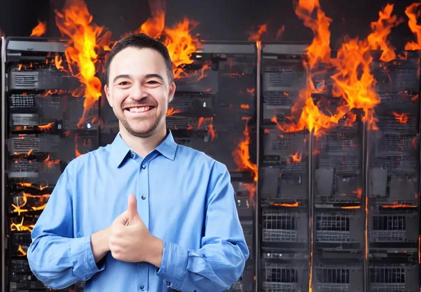 Prompt: a photo of a system administrator smiling and doing a double thumb up to the camera in front of burning servers, he's happy despite having servers in flames behind him, fire in the background