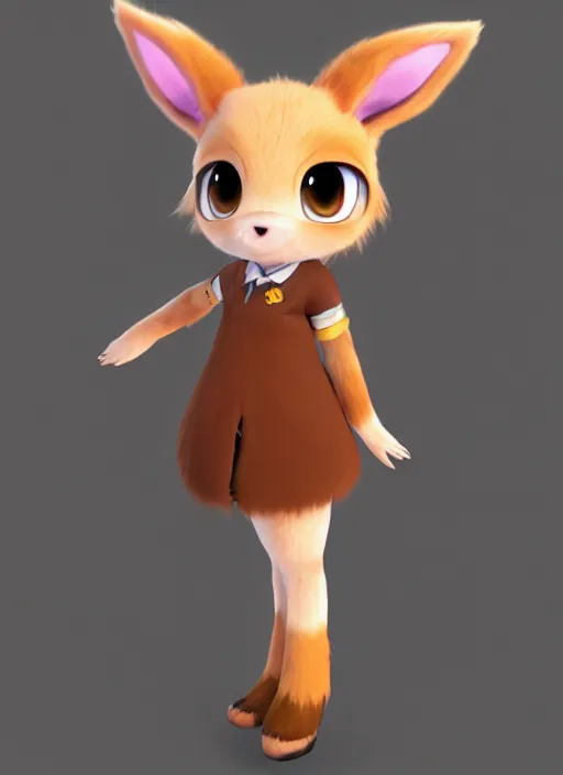 Image similar to female eevee mini cute girl, character adoptable, highly detailed, rendered, ray - tracing, cgi animated, 3 d demo reel avatar, style of maple story and zootopia, maple story eevee trainer, fluffy, dark skin, cool clothes, soft shade, soft lighting, portrait pose