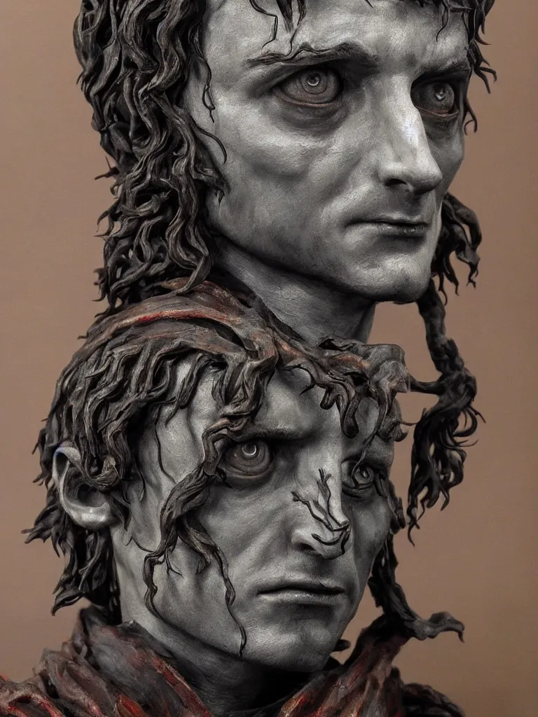 Image similar to tribute sculpture of elijah wood as frodo, epic dark fantasy horror stylized oil painting by ivan shiskin. trending on artstation