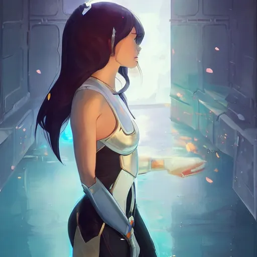 Image similar to long shot fantasy woman in armor looking her reflection in water girl miss attractive eye catching official fanart behance hd artstation, mystic, by Rossdraws and Jesper Ejsing, by Makoto Shinkai and Lois van baarle, ilya kuvshinov