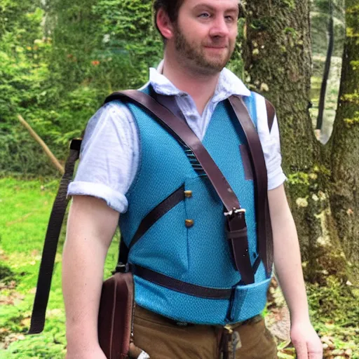 Prompt: white crossbody sling chest bag, (pudgy) british lad with short curly dark brown hair as a hobbit wearing a white men's crossbody sling chest bag and blue vest