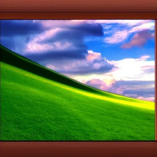 Prompt: bliss windows xp default wallpaper, the time of day is dusk