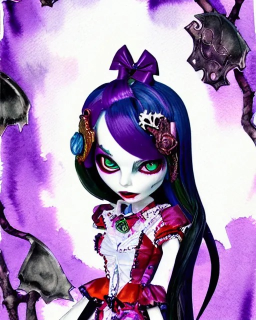 Image similar to watercolor portrait of monster high draculaura doll, by darkodordevic, makoto shinkai and, detailed and intricate environment