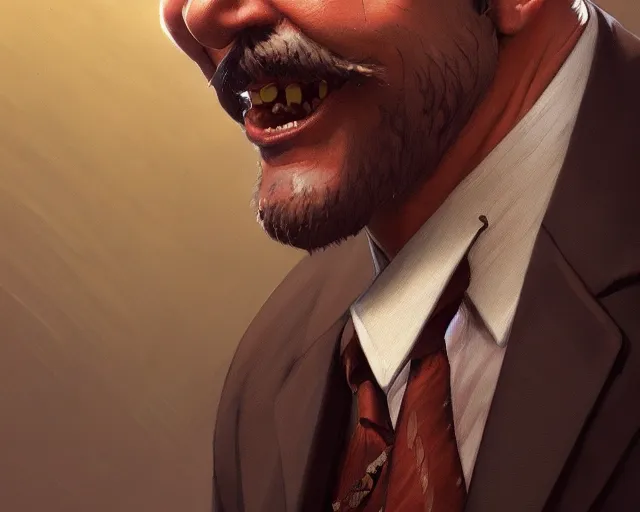 Prompt: close up of ernie sabella smiling wearing a brown suit and necktie, focus, d & d, intricate, elegant, highly detailed, digital painting, artstation, concept art, matte, sharp focus, illustration, hearthstone, art by artgerm and greg rutkowski and alphonse mucha