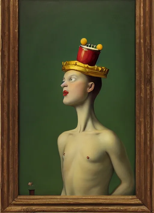 Image similar to Oil painting - a regular earthworm with a tiny little crown peeking out form a hole, Masterpiece, Edward Hopper, Mark Ryden, Wolfgang Lettl highly detailed, hints of Yayoi Kasuma