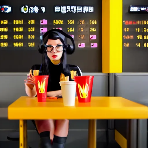 Prompt: a cute cyberpunk girl working in a mcdonaldpunk fastfood restaurant