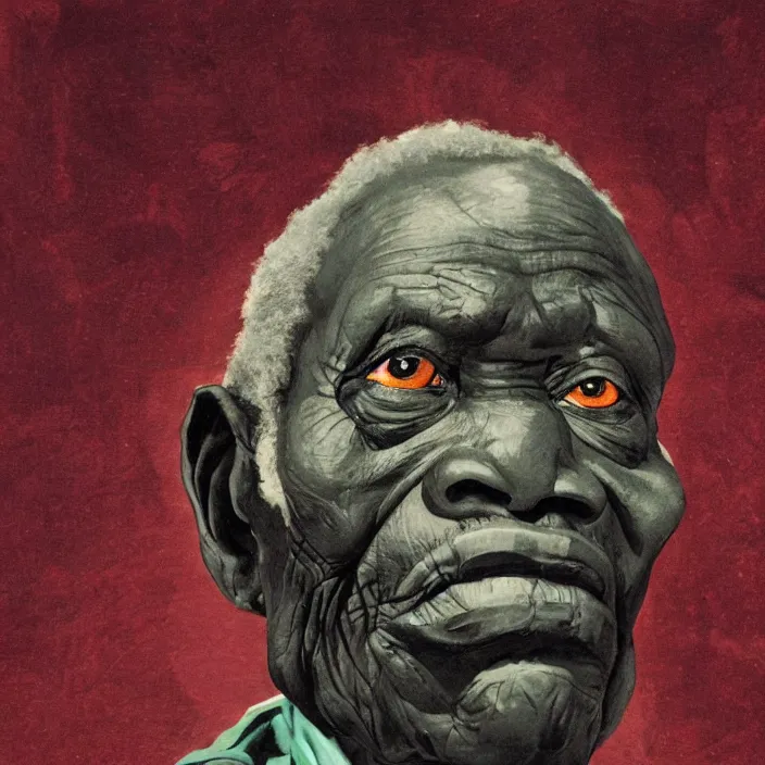 Image similar to a painting of a wise elder from Kenya by Kara Walker. dramatic angle, ethereal lights, details, smooth, sharp focus, illustration, realistic, cinematic, artstation, award winning, rgb , unreal engine, octane render, cinematic light, macro, depth of field, blur, red light and clouds from the back, highly detailed epic cinematic concept art CG render made in Maya, Blender and Photoshop, octane render, excellent composition, dynamic dramatic cinematic lighting, aesthetic, very inspirational, arthouse.