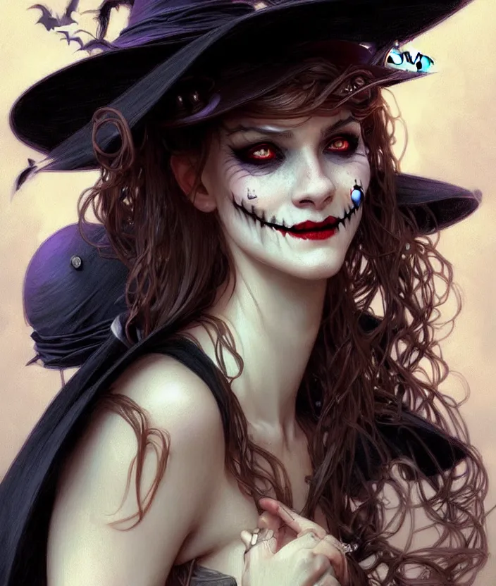 Image similar to halloween witch woman in a hat smiles, fantasy magic, undercut hairstyle, dark light night, intricate, elegant, sharp focus, illustration, highly detailed, digital painting, concept art, matte, art by wlop and artgerm and greg rutkowski and alphonse mucha, masterpiece