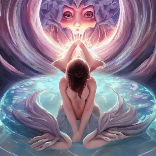 Image similar to Art station concept of a beautiful girls laying in front of a dark deamon, compulsion, Hypnosis, hypnotising, hypnotic eyes, light blue eyes, spiral eyes, symmetrical face, by Stanley Artgerm Lau, WLOP, Rossdraws, James Jean, Andrei Riabovitchev, Marc Simonetti, and Sakimichan, trending on artstation