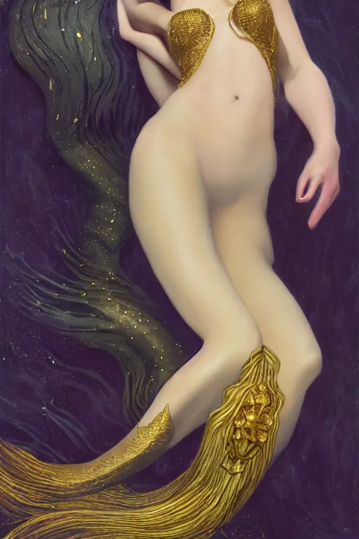 Prompt: a beautiful dark androgynous mermaid, pinup pose, long hair, tall and thin, wearing dozens of pendants and a gown of gold, small delicate crown of the sea on her head, illustration, dramatic lighting, soft details, painting oil on canvas, art nouveau, octane render, HDR, 4k, 8k, HD, by Edmund Blair Leighton, Brom, Charlie Bowater, j.c. Leyendecker, faces by otto schmidt