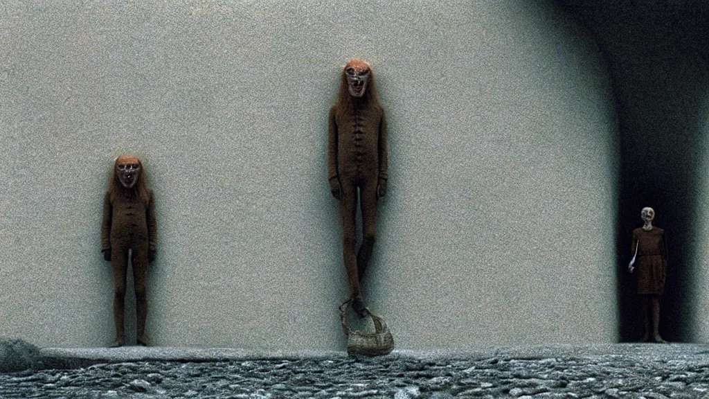 Prompt: a strange creature that walks on the wall, film still from the movie directed by Wes Anderson with art direction by Zdzisław Beksiński, wide lens