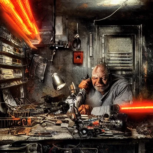 Image similar to half rusted old egg beater half stun - gun, balding older cyborg repairing, red hot soldering iron, dark messy smoke - filled cluttered workshop, dark, dramatic lighting, orange tint, cinematic, highly detailed, sci - fi, futuristic, movie still from blade runner