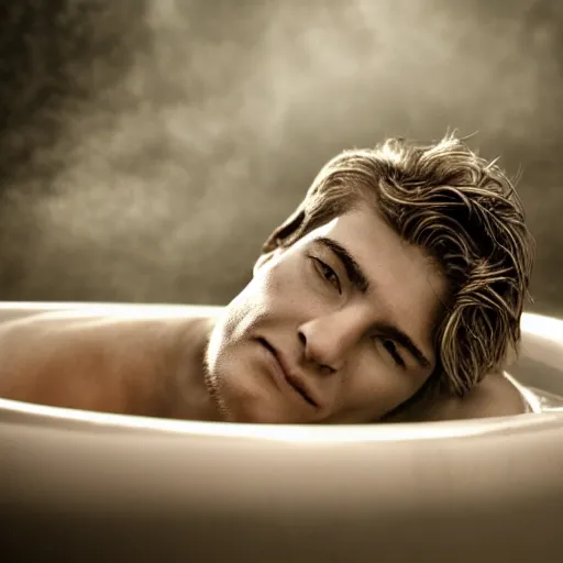 Image similar to photographic portrait by Annie Leibovitz of XQC in a hot tub, closeup, foggy, sepia, moody, dream-like, sigma 85mm f/1.4, 15mm, 35mm, 4k, high resolution, 4k, 8k, hd, full color