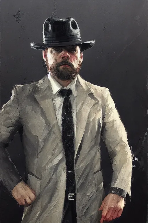 Image similar to palette knife oil painting of the norse god tyr as a noir detective wearing a fedora and a trenchcoat, with one hand missing. extreme detail. artstation trending, any racial background, artgerm, deviant art, octane, substance, art history 8 k