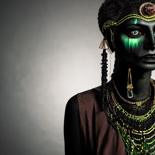 Image similar to professional portrait of a green annunaki woman, creepy, black background, very detailed, very intricate, intimidating,