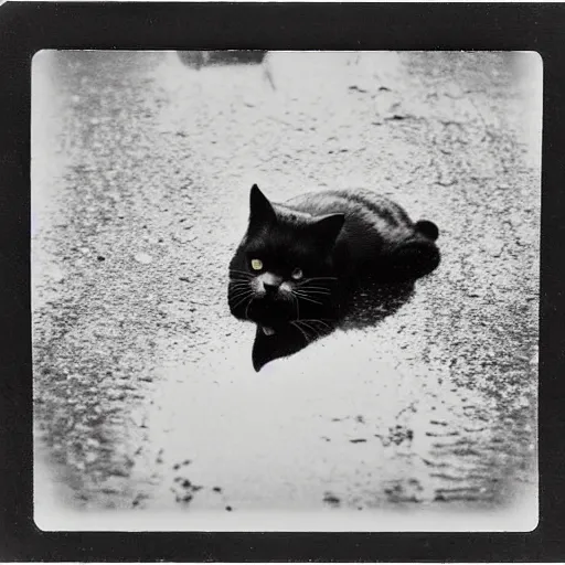 Image similar to wide-shot very low-angle eyesight reflection of a cat in the puddle at the street in Moscow, polaroid photo, by Andy Warhol, signed