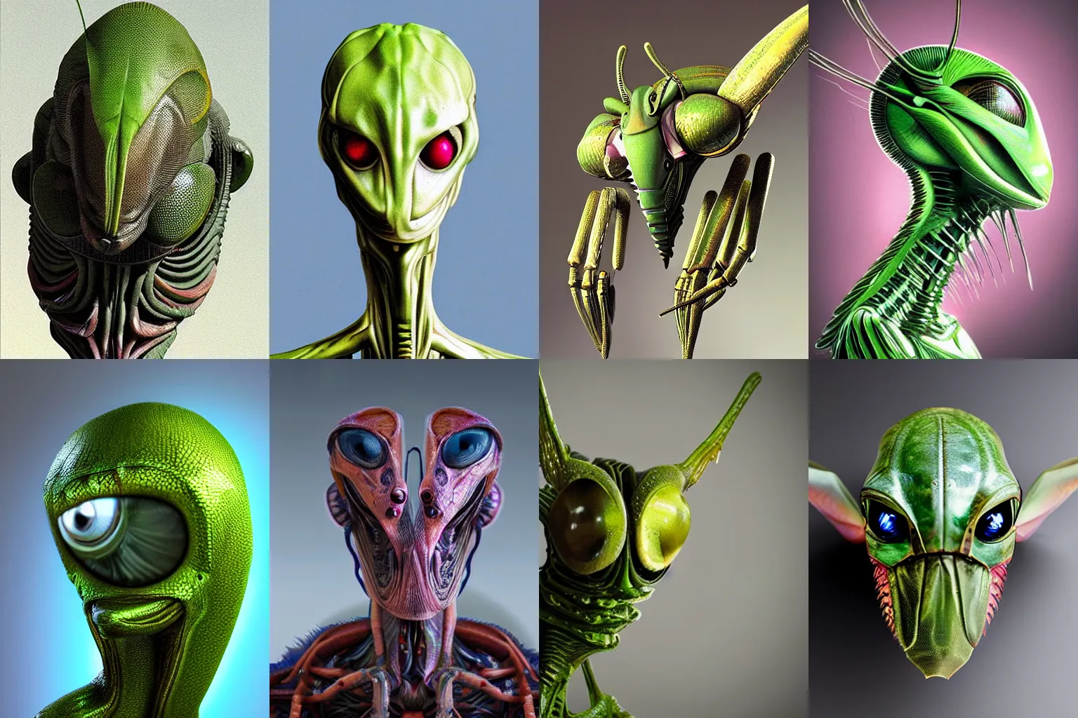 Image similar to organic alien in the form of mantis head, fullbody, hyperrealism, realistic photo, ultra detailed, surreal, heavy, technology, symmetrical front, dramatic lights, space parasite, frightening