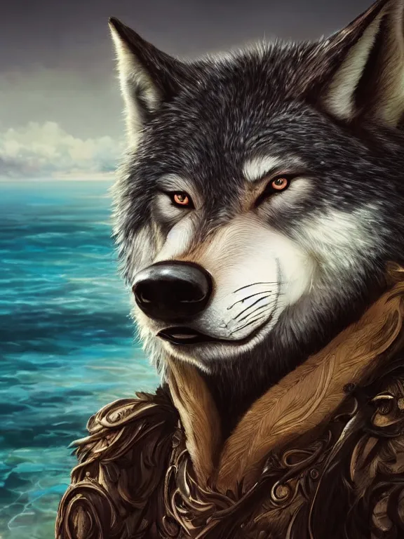 Image similar to 3/4 headshot of cute anthro wolf man, handsome, fantasy, intricate, long muzzle, wolf ears, fursona, black fur, elegant, highly detailed, digital painting, artstation, concept art, smooth, sharp focus, illustration, art by artgerm and greg rutkowski and alphonse mucha bright Maldives beach in background