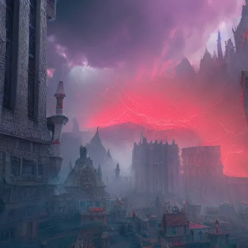 Prompt: dwarven city caught in a red violent magical storm, behrens style, unreal 5 render, fantasy digital art, octane render, beautiful composition, trending on artstation, award - winning photograph, masterpiece