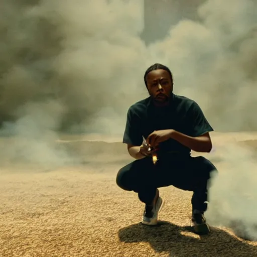 Image similar to cinematic film still of Kendrick Lamar starring as a Japanese Sensei with fire, Japanese CGI, VFX, 2003, 40mm lens, shallow depth of field, film photography
