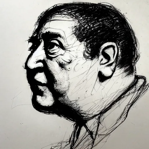 Prompt: a realistic yet scraggly portrait sketch of the side profile of a stern and sophisticated curly howard, trending on artstation, intricate details, in the style of frank auerbach, in the style of sergio aragones, in the style of martin ansin, in the style of david aja, in the style of mattias adolfsson