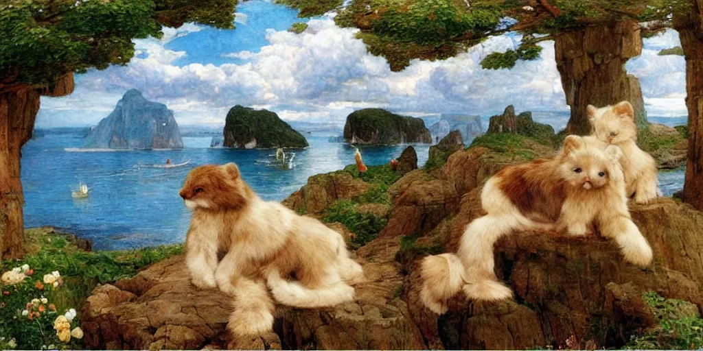 Image similar to 3 d precious moments plush animal, realistic fur, limestone cliffs bu the sea, master painter and art style of john william waterhouse and caspar david friedrich and philipp otto runge