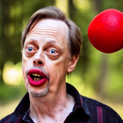 Image similar to portrait photo of steve buscemi finding a giant red mushroom, exhilarated, portrait, closeup. mouth open, 30mm, bokeh