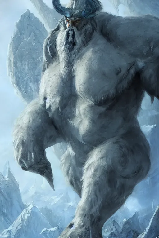 Prompt: north mythology concept art painting of ice gigant ymir the ancestor of all giants by james gurney, trending on artstation, detailed