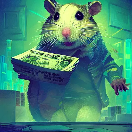 Prompt: very scared hamster, dollars on background, digital illustration portrait design, by android jones and greg rutkowski, retrowave color scheme, detailed, cinematic lighting, wide angle action dynamic portrait