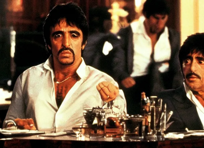 Prompt: tony montana from movie scarface 1 9 8 3 sitting behind a big black oak table with big large packages of flour. long shot. al pacino. perfect symmetric face, coherent eyes, fine details, 4 k, ron cobb. last scene from scarface movie